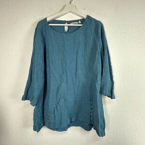 Soft Surroundings Womens Oceo Gauze Textured Blue 3/4 Sleeve Tunic Top XL Casual